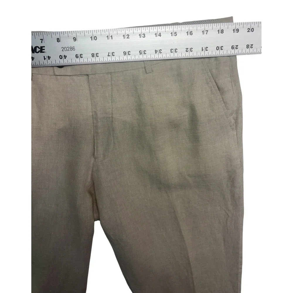 Beige 100% Linen Dress Pants 36x32 Flat Front Lightweight Trouser Mens Straight